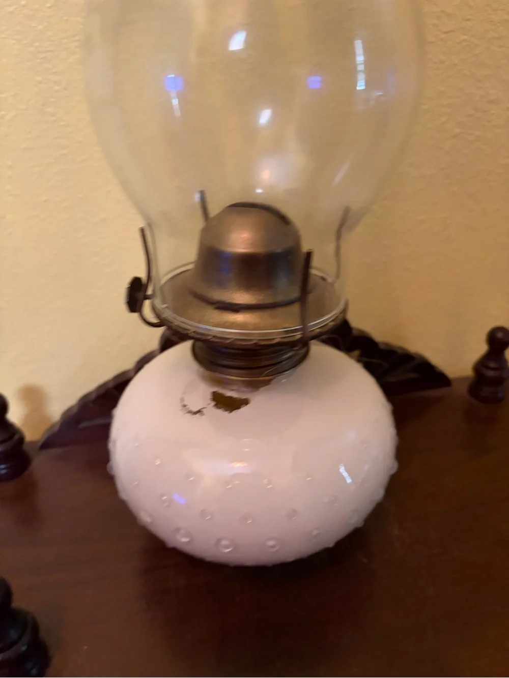 Vintage White Glass Oil Lamp with Clear Chimney - Lamplight